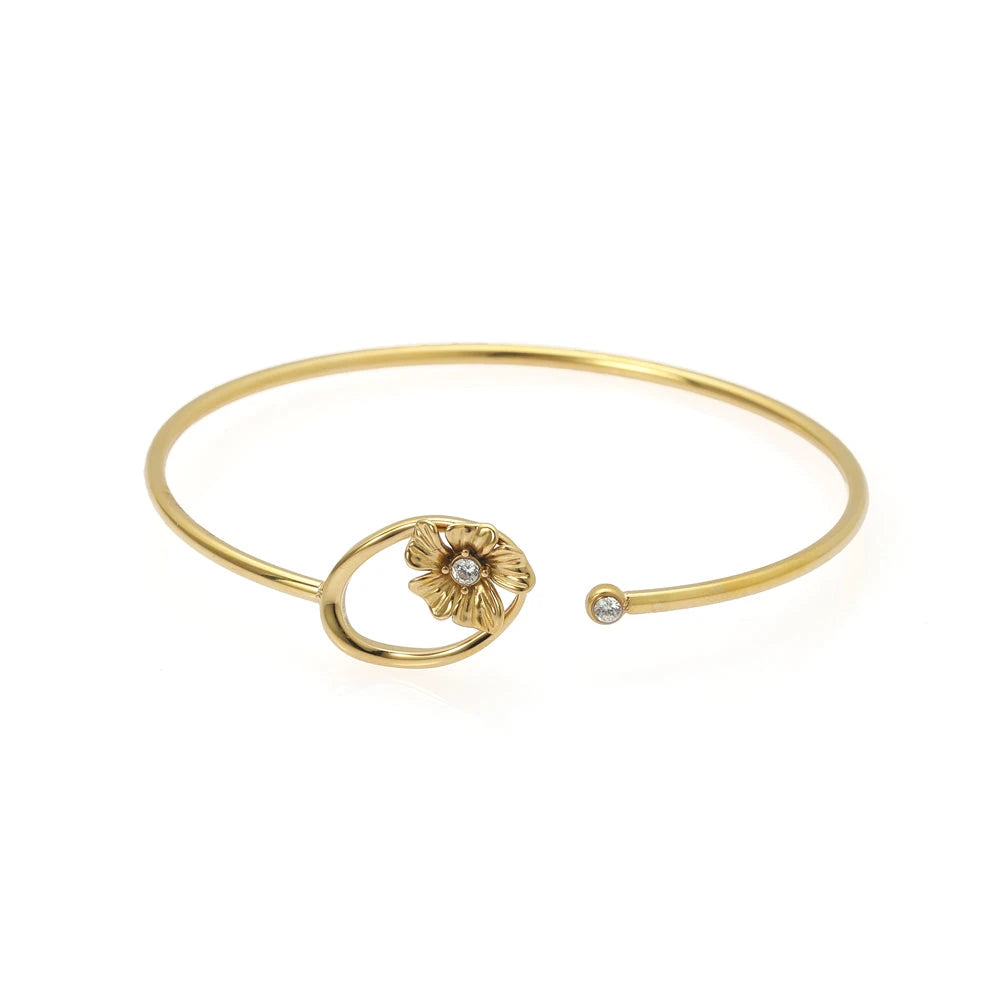 Gold and Silver Sculpted Flower Cuff Bangle and Textured Puffy Heart Stud Earring Set - Two-Piece Mixed Jewelry Duo - Gold
