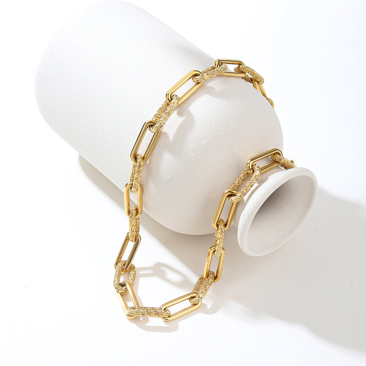Gold Chain Link Earrings Bracelet and Necklace Set - Sculpted Link Jewelry Trio