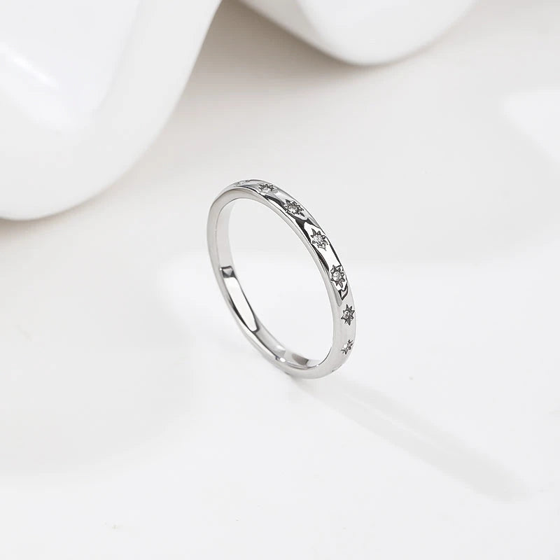 Silver Sculpted Star Band Ring - Celestial Stackable Statement Ring