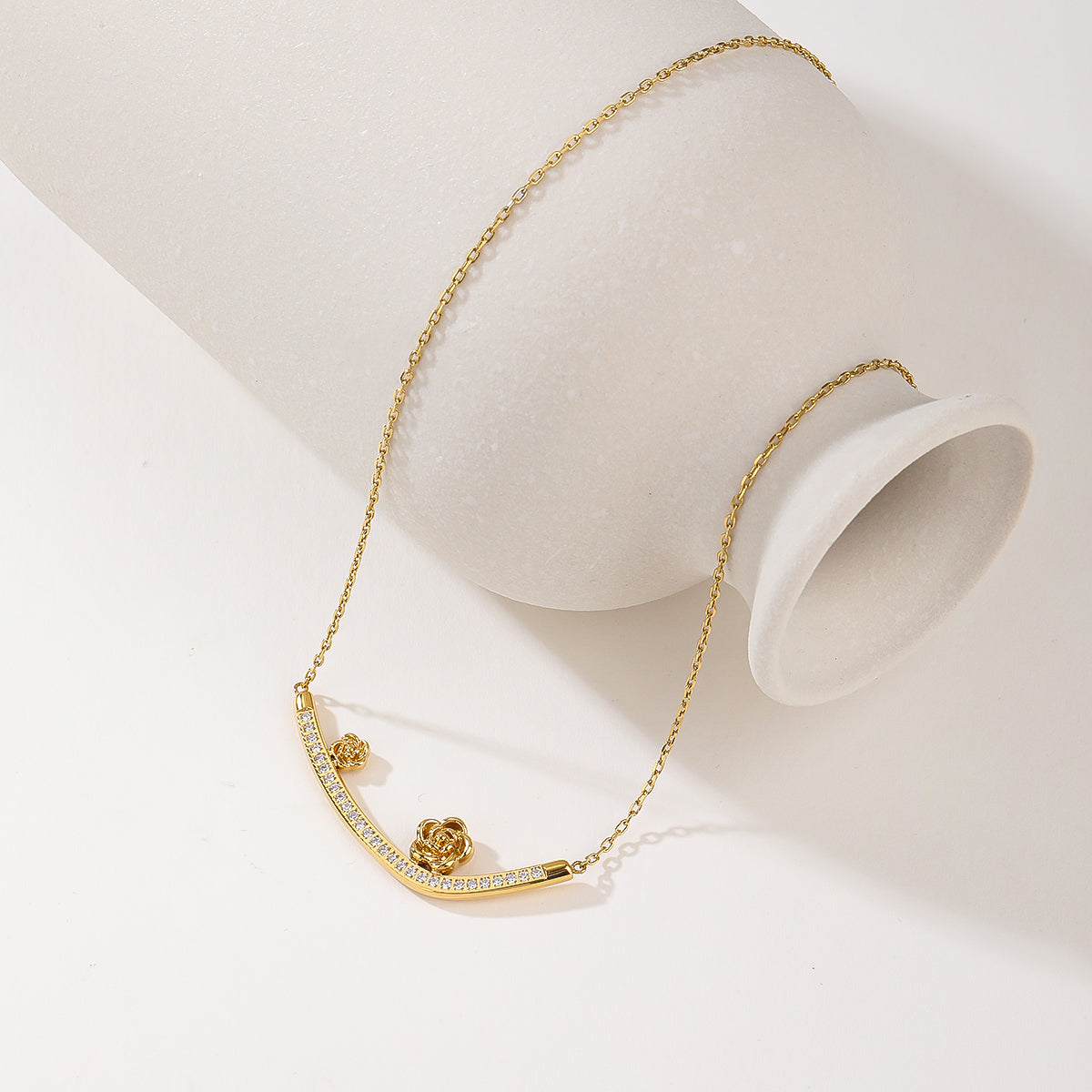 Gold Sculpted Rose and Horizontal Bar Pendant Necklace - Modern Romantic Layering Chain