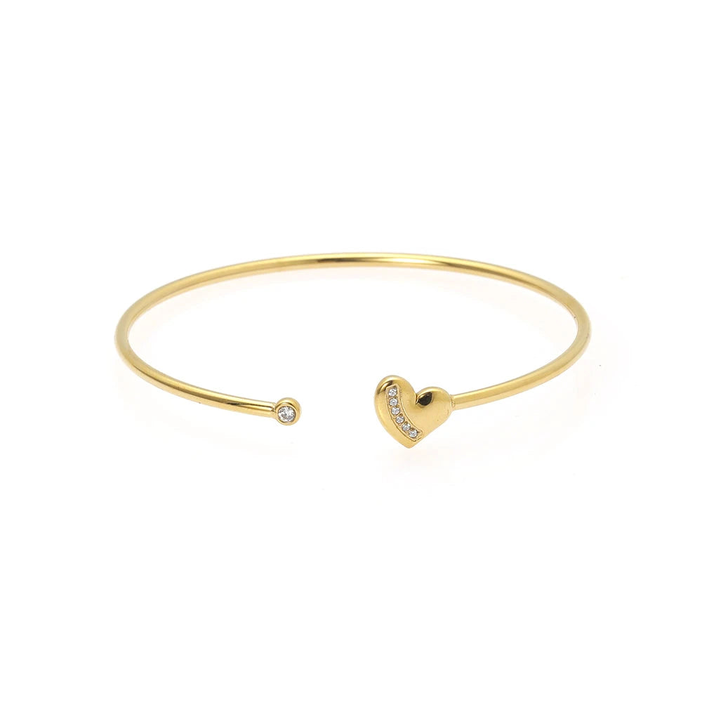 Gold Cuff Bracelet with Cubic Zirconia Heart Center - Sparkling Open Bangle
