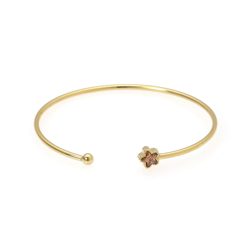 Gold Cuff Bracelet with Pink Crystal Flower Center - Sculpted Open Bangle