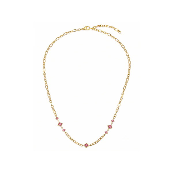 Gold Chain Necklace with Pink Crystal Stations - Sparkling Bezel Gemstone Chain