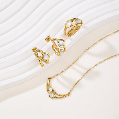 Gold White Stone Statement Ring Earring and Pendant Necklace Set - Sparkling Trio Jewelry