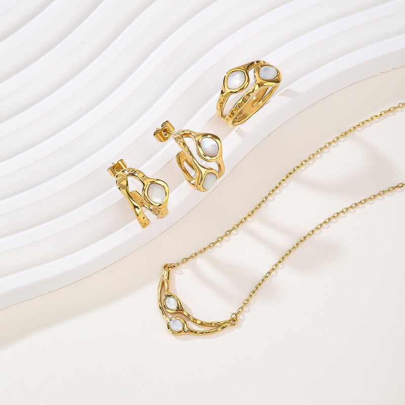 Gold White Stone Statement Ring Earring and Pendant Necklace Set - Sparkling Trio Jewelry