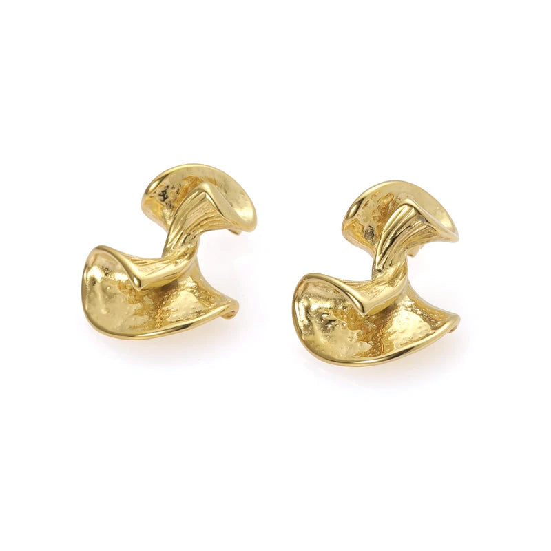 Twisted Ribbon Sculptural Stud Earrings - Folded Metal Origami Design - Gold