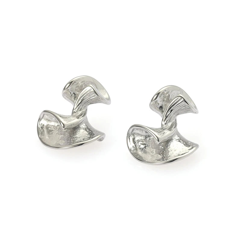 Twisted Ribbon Sculptural Stud Earrings - Folded Metal Origami Design - Silver