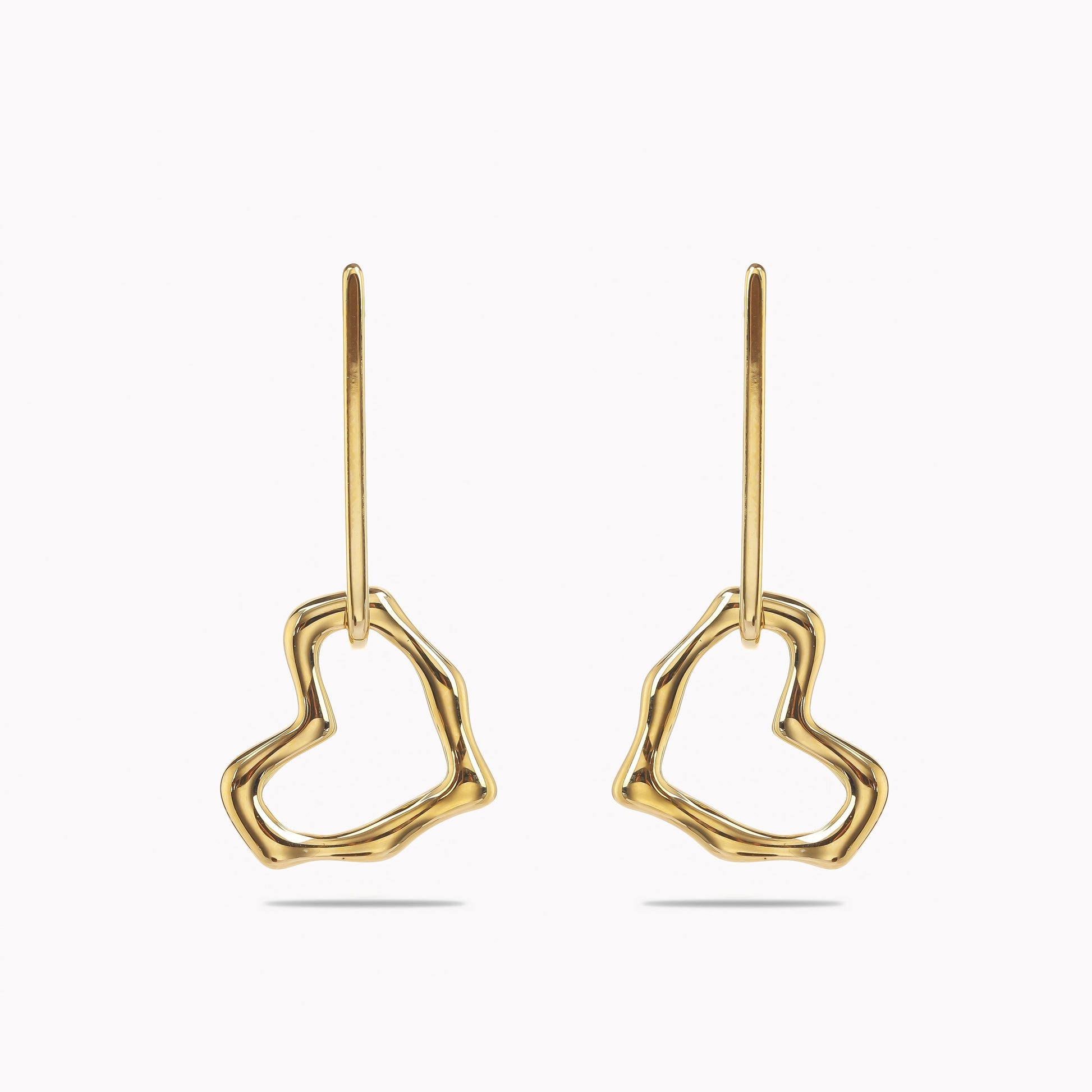 Gold Organic Open Heart Outline Drop Earrings - Needle Bar Sculptural Dangles - Gold