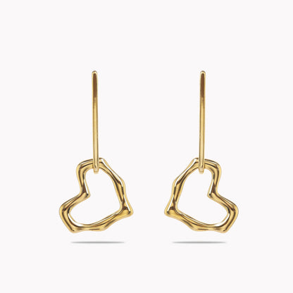 Gold Organic Open Heart Outline Drop Earrings - Needle Bar Sculptural Dangles - Gold