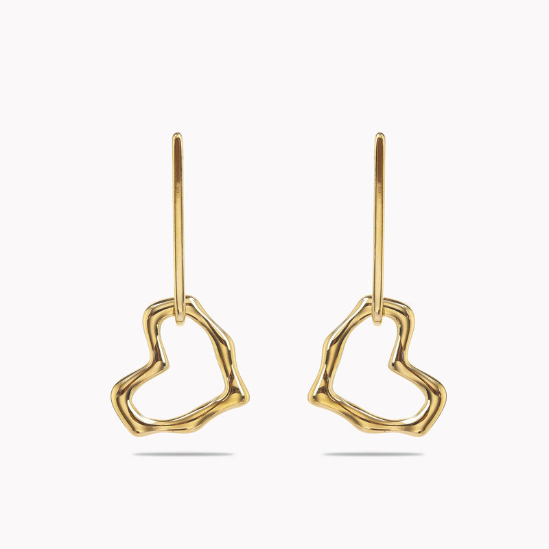 Gold Organic Open Heart Outline Drop Earrings - Needle Bar Sculptural Dangles - Gold