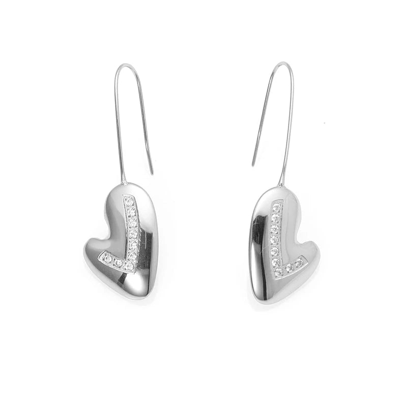 Open Circle Pave Heart Stud Earrings - Crystal Heart in Sculptural Loop - Silver