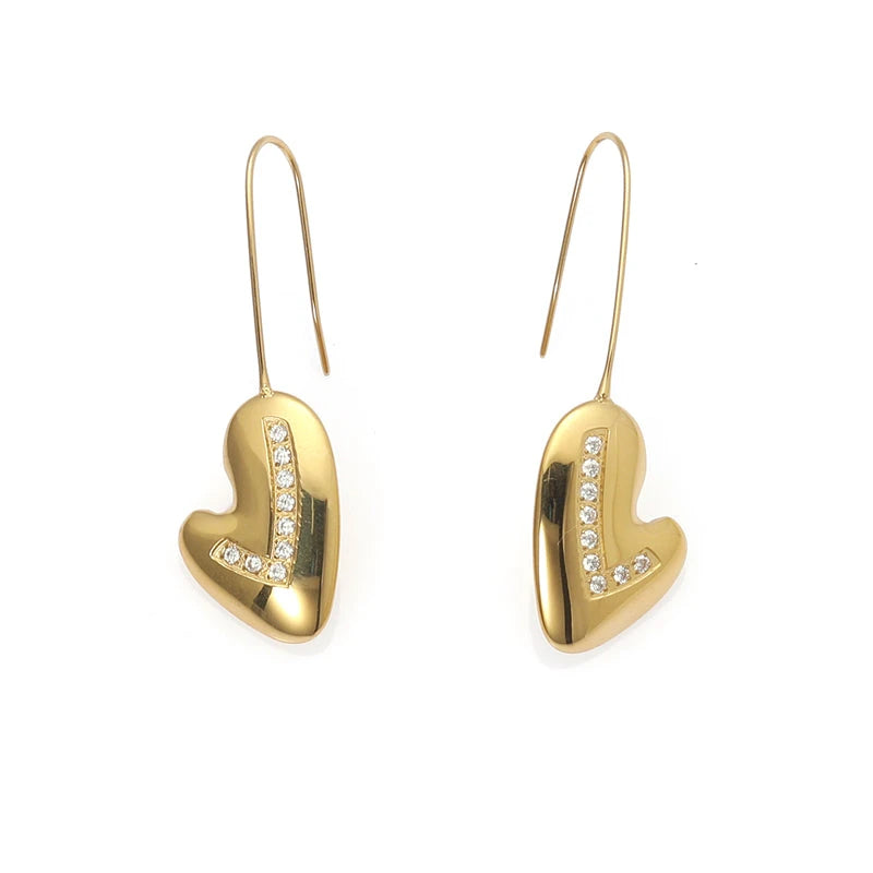 Open Circle Pave Heart Stud Earrings - Crystal Heart in Sculptural Loop - Gold