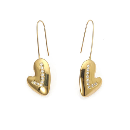 Open Circle Pave Heart Stud Earrings - Crystal Heart in Sculptural Loop - Gold