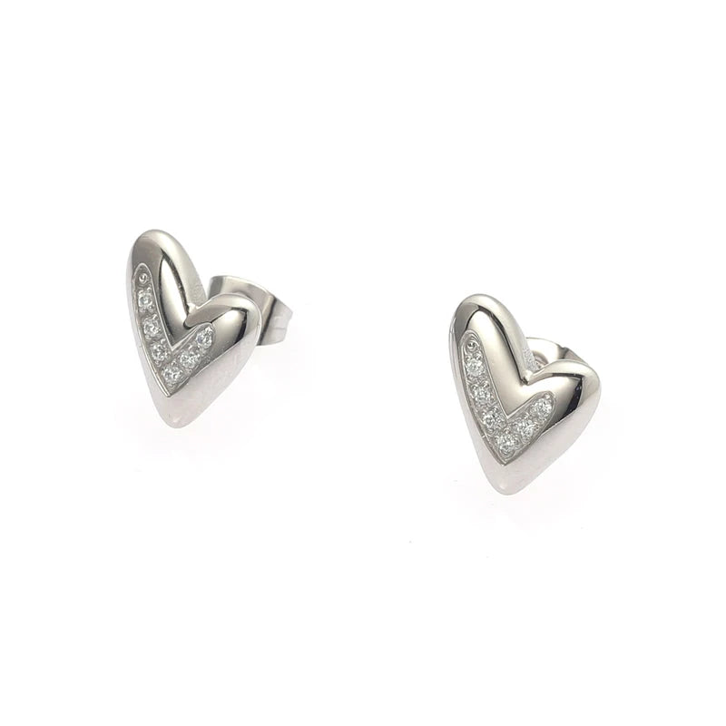 Puffy Heart Pave Crystal Stud Earrings - Sculptural Love Heart with Sparkle Accent - Gold