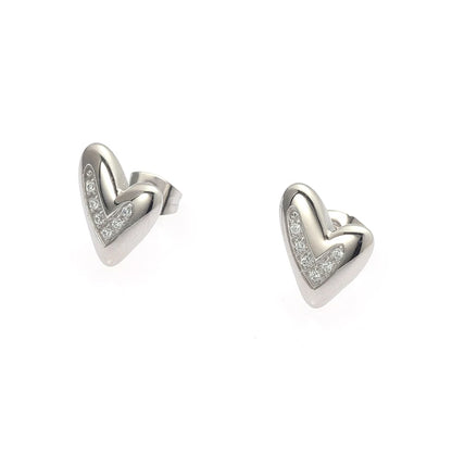 Puffy Heart Pave Crystal Stud Earrings - Sculptural Love Heart with Sparkle Accent - Gold