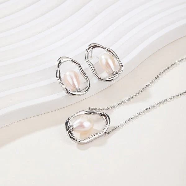 Silver Pearl Drop Earrings and Pendant Necklace Set - Elegant Bridal-Inspired Jewelry Duo - Pearl