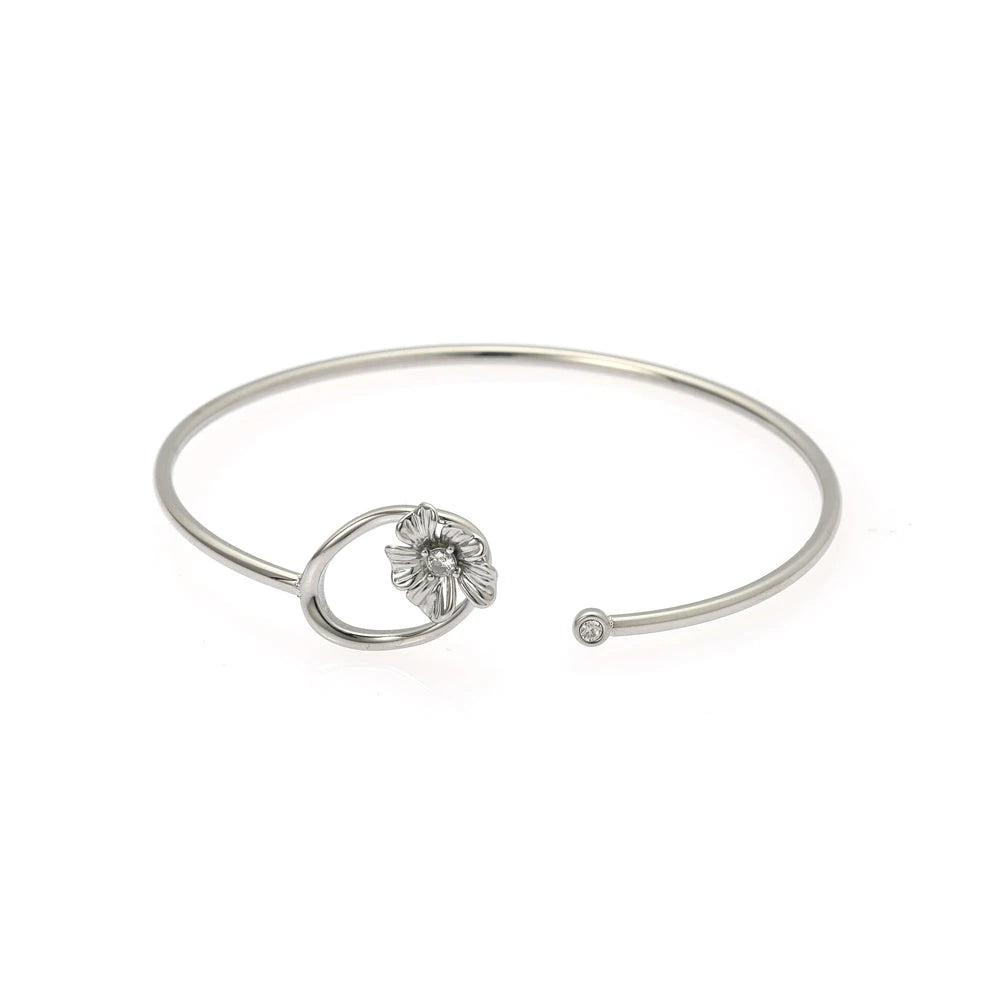 Gold Open Cuff Bangle with Sculpted Flower and Cubic Zirconia Center - Floral Statement Cuff - Silver