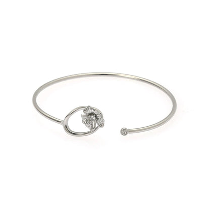 Gold Open Cuff Bangle with Sculpted Flower and Cubic Zirconia Center - Floral Statement Cuff - Silver