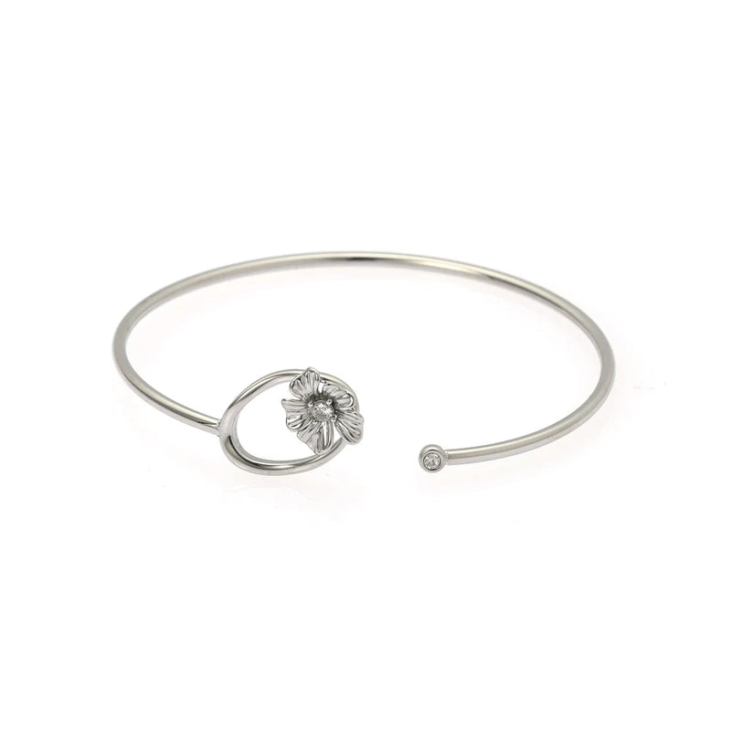 Gold Open Cuff Bangle with Sculpted Flower and Cubic Zirconia Center - Floral Statement Cuff - Silver