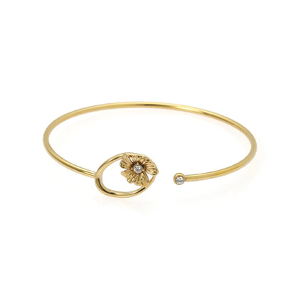 Gold and Silver Sculpted Flower Cuff Bangle and Textured Puffy Heart Stud Earring Set - Two-Piece Mixed Jewelry Duo - Gold