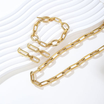 Gold Chain Link Earrings Bracelet and Necklace Set - Sculpted Link Jewelry Trio