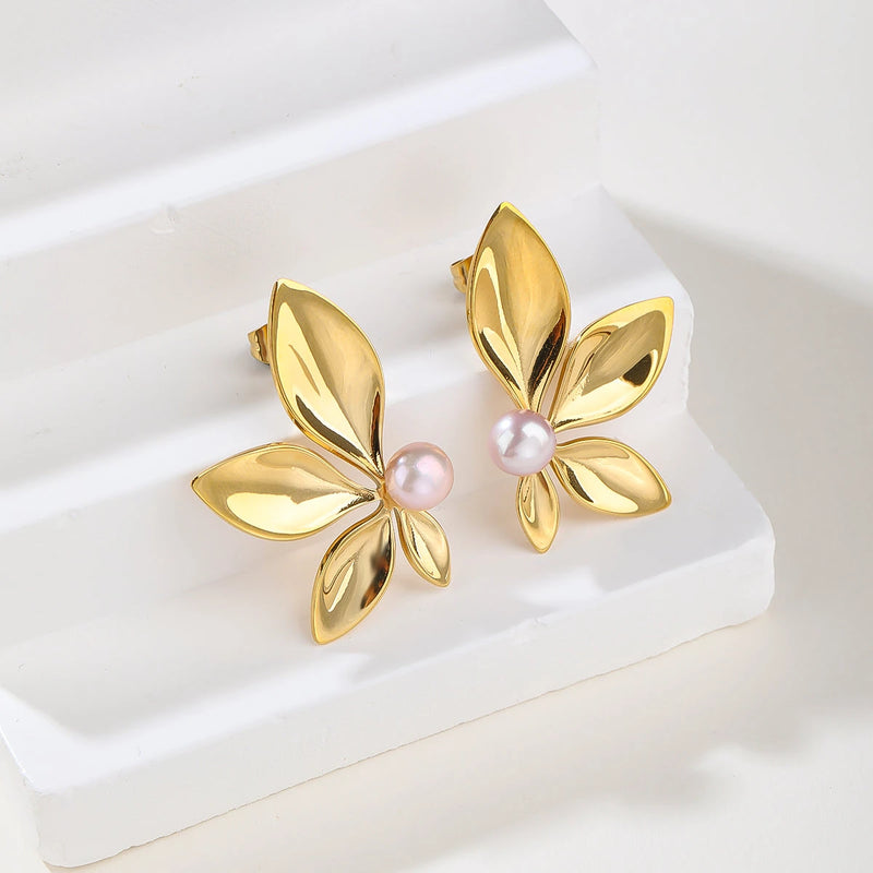 Gold Sculpted Leaf Drop Earrings with Pearl - Botanical Statement Dangles