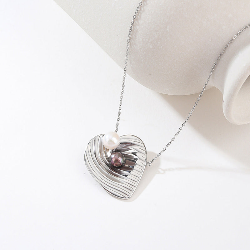 Silver Heart Pearl Pendant Necklace and Gold Cubic Zirconia Hoop Earring Set - Mixed-Metal Jewelry Duo