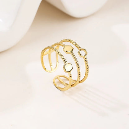 Gold Triple Band Open Ring with Geometric Hexagon Stations - Modern Statement Knuckle Ring