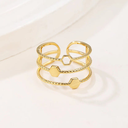 Gold Triple Band Open Ring with Geometric Hexagon Stations - Modern Statement Knuckle Ring