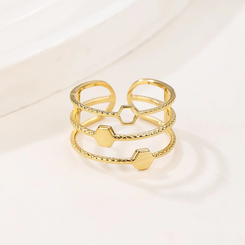 Gold Triple Band Open Ring with Geometric Hexagon Stations - Modern Statement Knuckle Ring