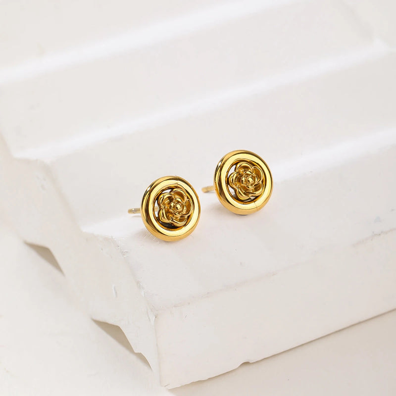 Gold Sculpted Rose Stud Earrings and Pendant Necklace Set - Romantic Floral Jewelry Duo