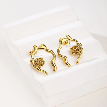 Gold Sculpted Rose Vine Drop Earrings and Pendant Necklace Set - Romantic Floral Jewelry Duo