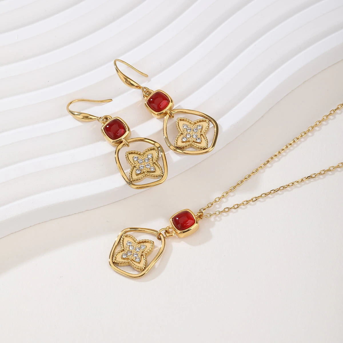 Gold Red Stone and Cubic Zirconia Flower Pendant Necklace and Earring Set - Romantic Jewelry Duo