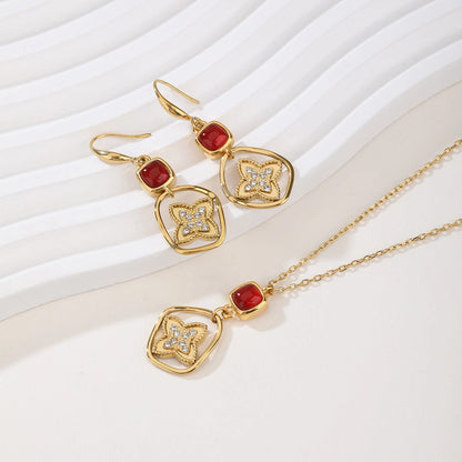 Gold Red Stone and Cubic Zirconia Flower Pendant Necklace and Earring Set - Romantic Jewelry Duo