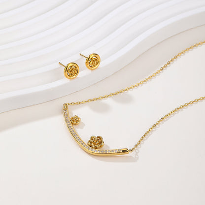 Gold Sculpted Rose Stud Earrings and Pendant Necklace Set - Romantic Floral Jewelry Duo