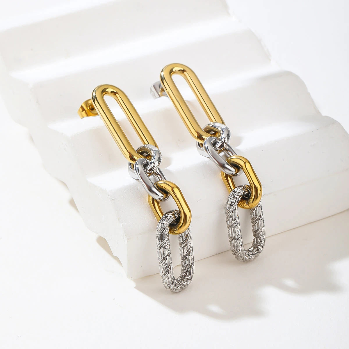 Two-Tone Gold and Silver Chain Link Drop Earrings - Modern Mixed-Metal Statement Dangles