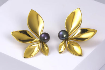 Gold Sculpted Leaf Drop Earrings with Pearl - Botanical Statement Dangles