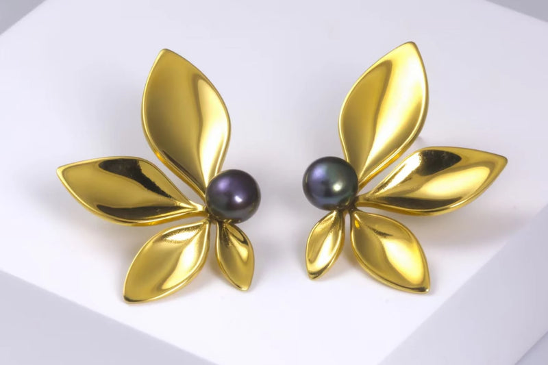 Gold Sculpted Leaf Drop Earrings with Pearl - Botanical Statement Dangles