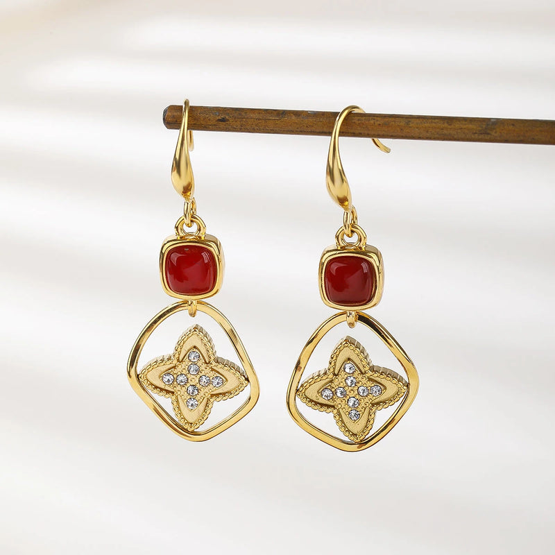 Gold Red Stone and Cubic Zirconia Flower Stud Earrings - Sparkling Halo Gemstone Dangles