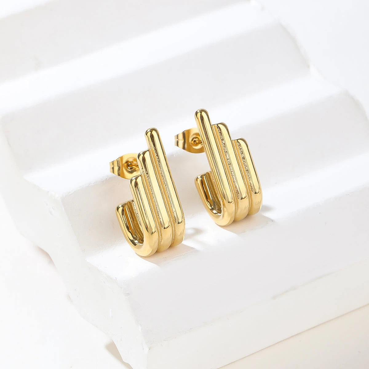 Silver Triple Bar Statement Hoop Earrings - Modern Architectural Drop Dangles