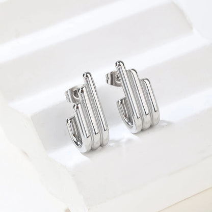 Silver Triple Bar Statement Hoop Earrings - Modern Architectural Drop Dangles