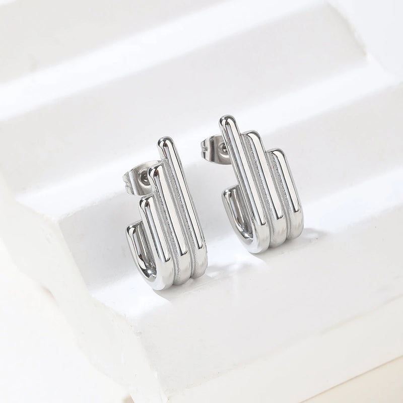 Silver Triple Bar Statement Hoop Earrings - Modern Architectural Drop Dangles