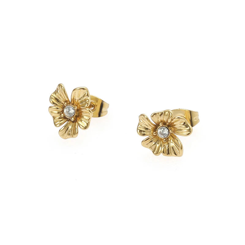 Gold Flower Crystal Center Stud Earrings - Five Petal Blossom with CZ Stone