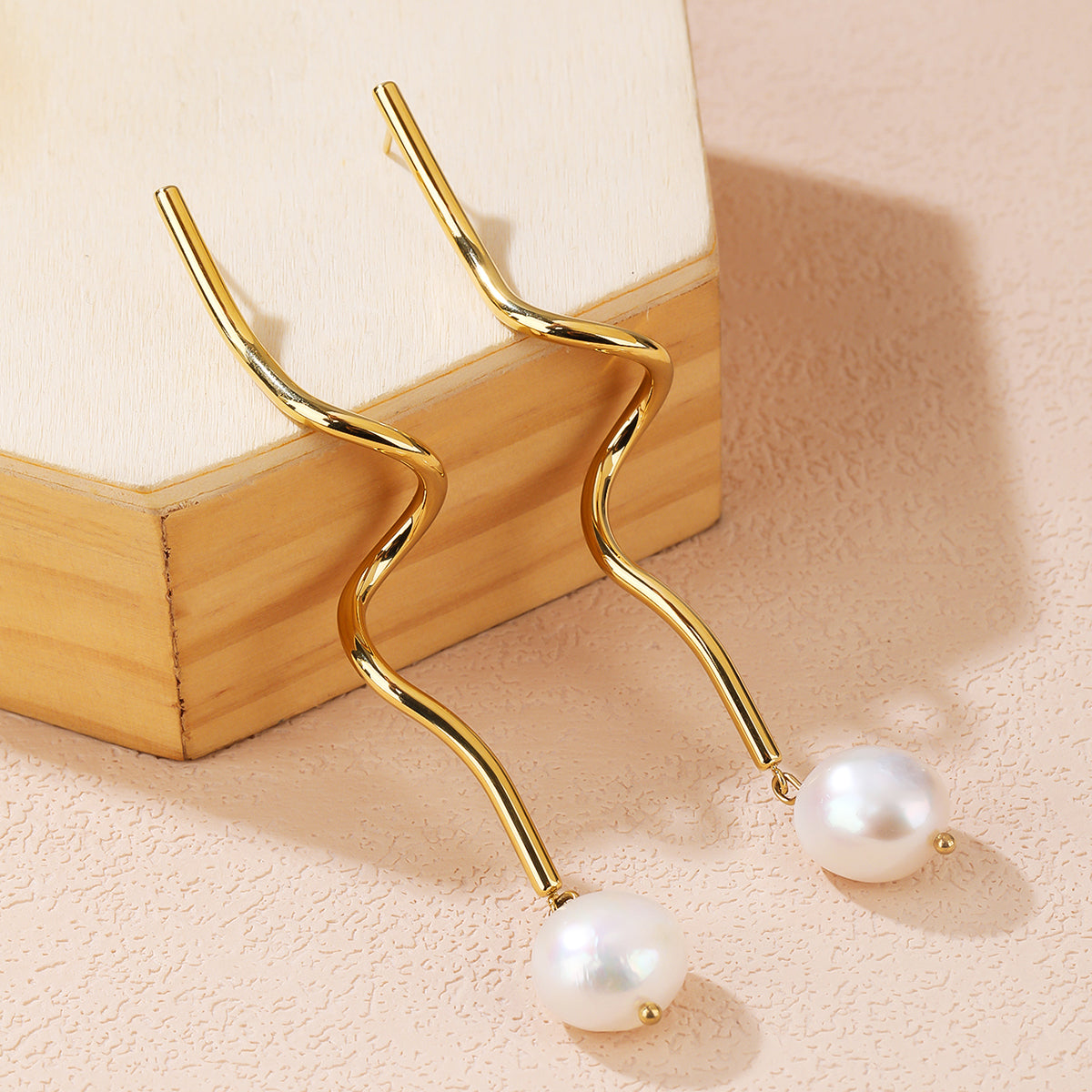Gold Pearl Dangle Bar Stud Earrings - Four Freshwater Pearl Drops