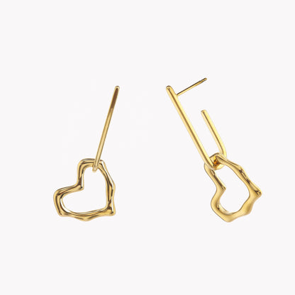 Gold Organic Open Heart Outline Drop Earrings - Needle Bar Sculptural Dangles