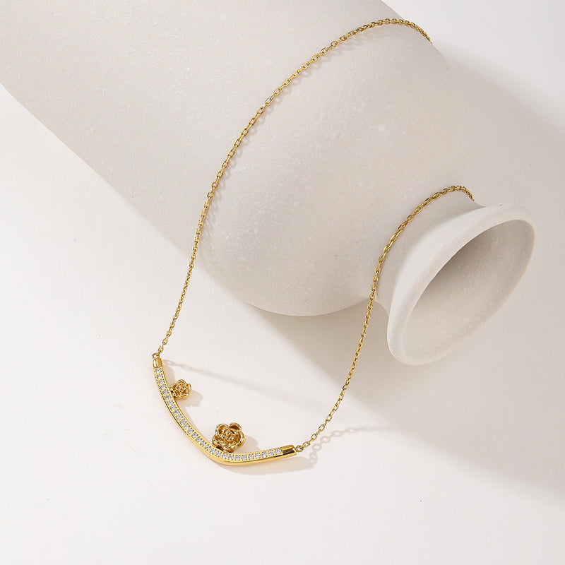 Gold Sculpted Rose and Horizontal Bar Pendant Necklace - Modern Romantic Layering Chain