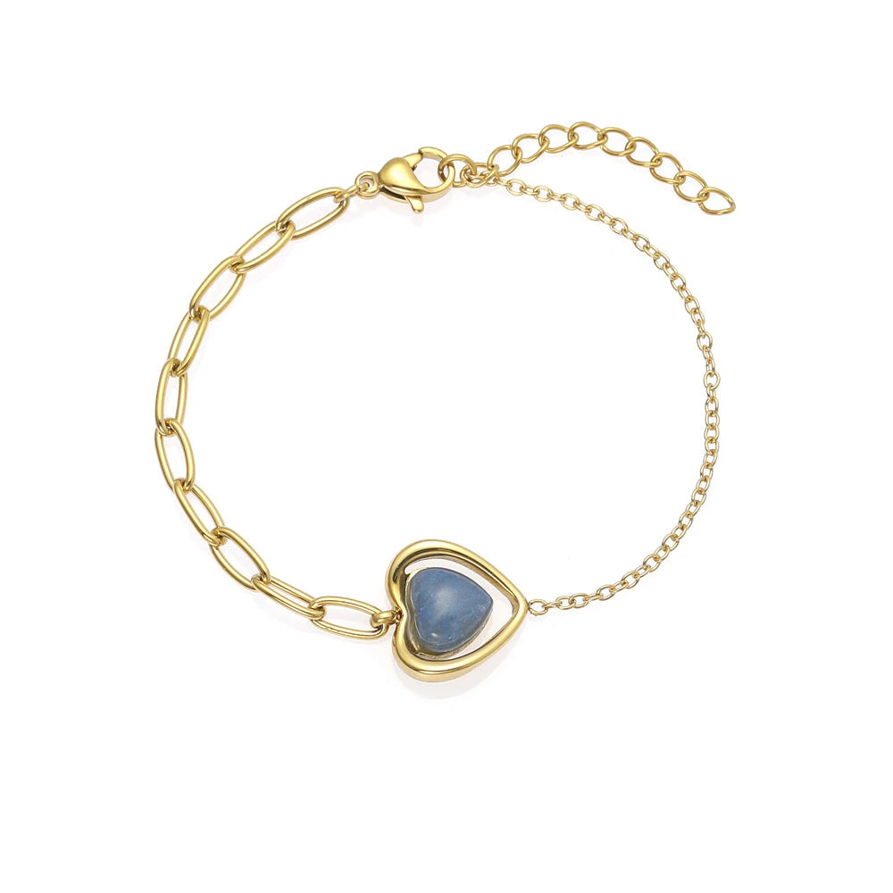 Gold Bangle Bracelet with Blue Heart-Shaped Stone - Solitaire Crystal Cuff