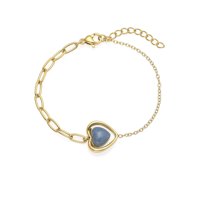 Gold Bangle Bracelet with Blue Heart-Shaped Stone - Solitaire Crystal Cuff