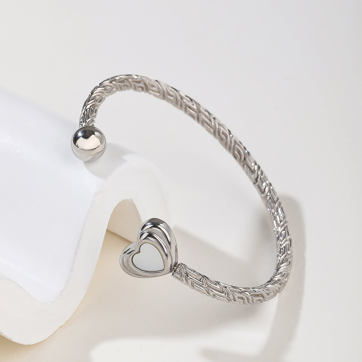Silver Braided Texture Cuff Bracelet with Heart Charm - Sculpted Open Bangle