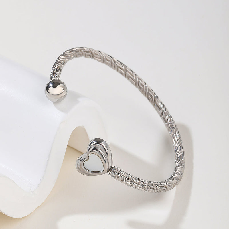Silver Braided Texture Cuff Bracelet with Heart Charm - Sculpted Open Bangle